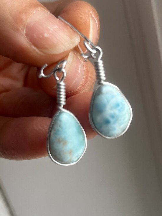 Jewelry - Natural Larimar Teardrop Wire-Wrapped Earrings